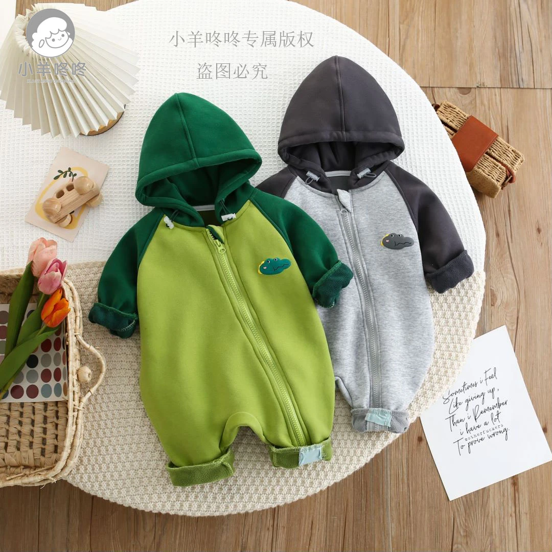 新款宝宝春秋款加绒婴幼儿舒适呆萌斜开拉链连帽恐龙连体哈衣