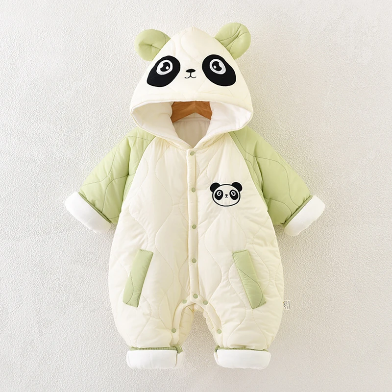 婴儿连体衣夹棉加厚秋冬季棉衣萌娃宝宝爬服新生儿外出服冬装连帽