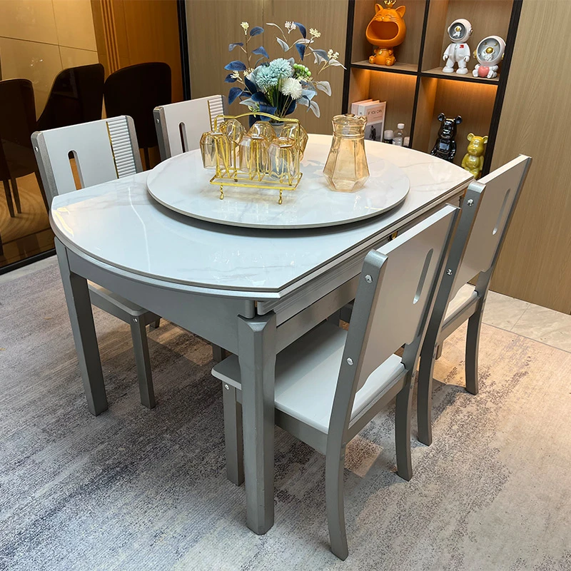 【加厚木椅】新款现代简约轻奢小户型家用伸缩折叠两用 岩板餐桌椅