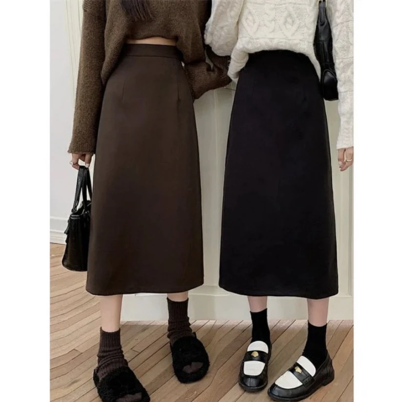 新款秋冬季加厚毛呢中长款开叉直筒一步裙设计感韩系简约半身裙女