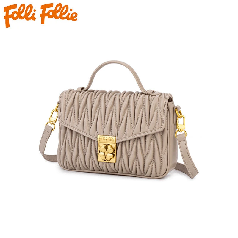 follifollie轻奢牛皮革褶皱手提包休闲包包简约百搭斜挎包法式011
