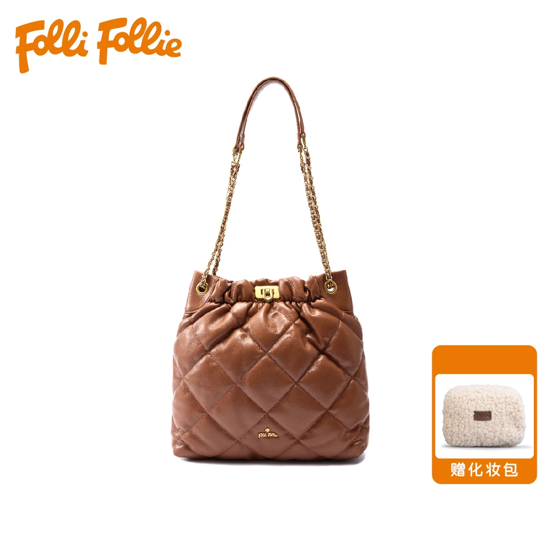 follifollie新款牛皮托特包优雅百搭单肩包休闲包女士托特包026