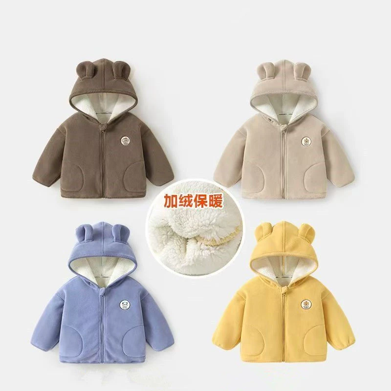 秋冬新款婴儿奥粒绒连帽外套男童女童宝宝加绒加厚保暖棉服上衣潮