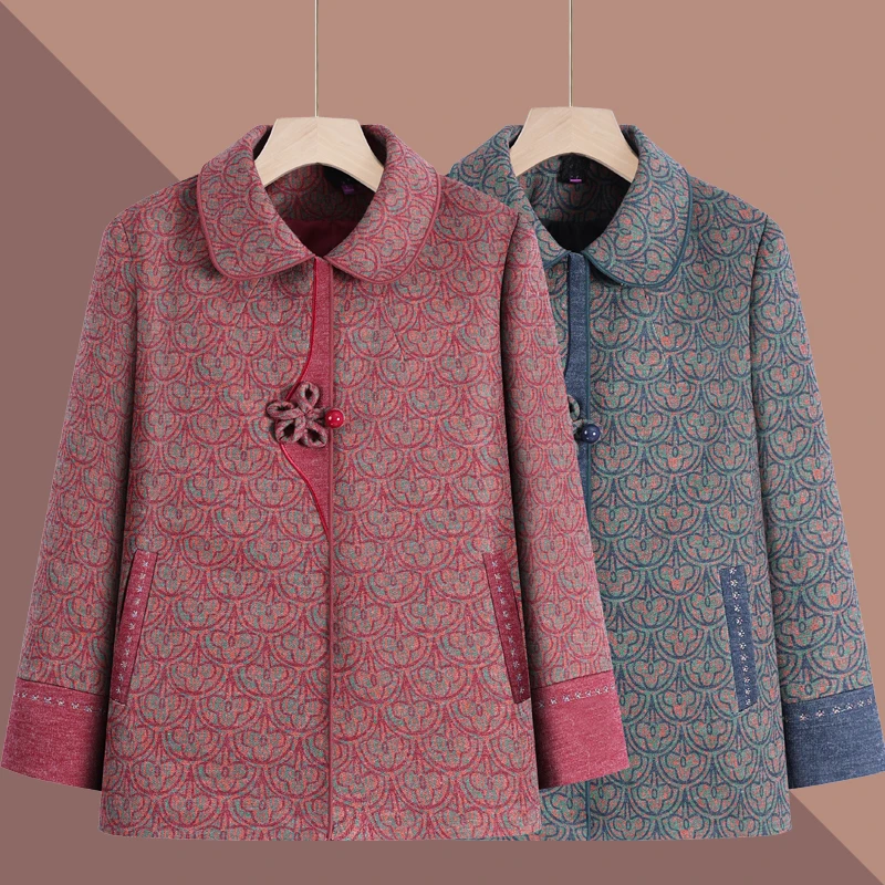 老年人秋季毛呢外套妈妈装洋气时尚翻领上衣奶奶冬季加绒加厚衣服