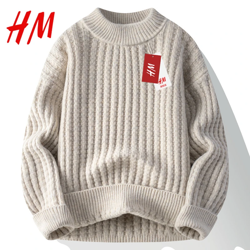 HM旗舰店官网男士宽松圆领毛衣秋冬季保暖情侣美拉德复古休闲毛衣