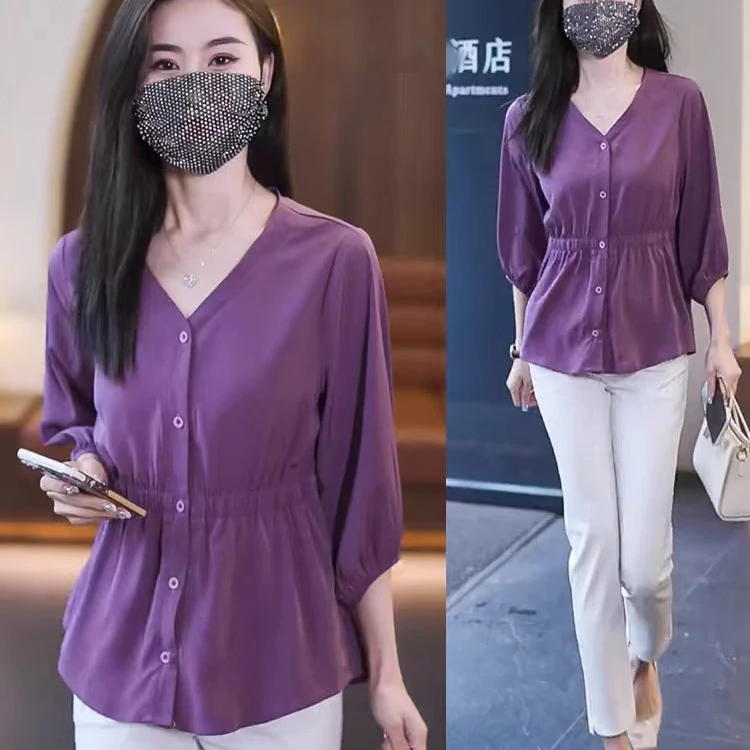 2025新款收腰遮肚子遮肉肉衬衫上衣女休闲宽松版型V领白衬衣小衫