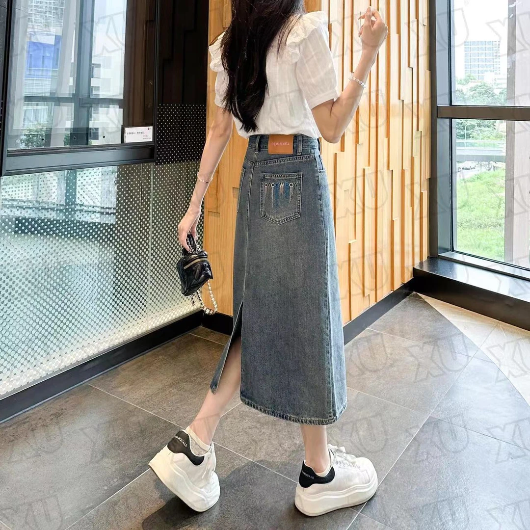 2025夏季薄款牛仔半身女小个子中长款显瘦后开叉牛仔裙牛仔半身裙