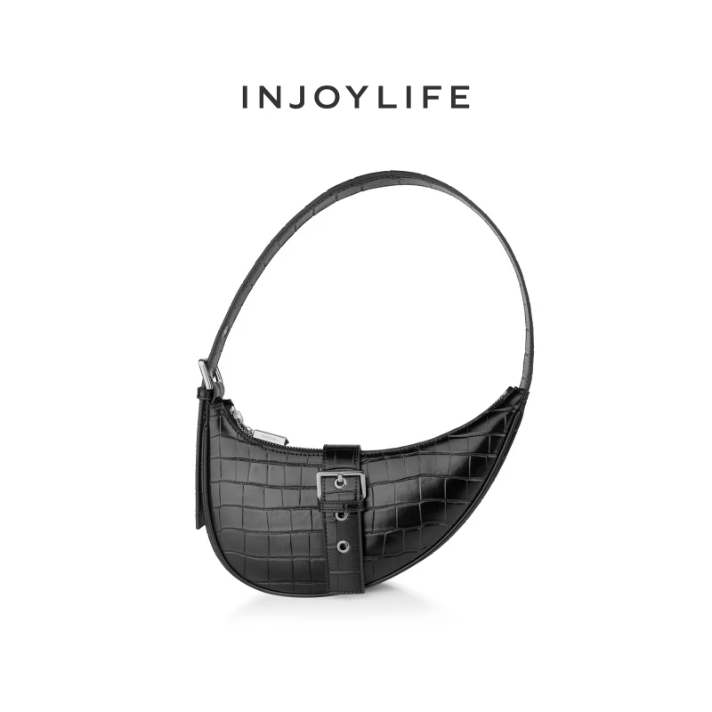 INJOYLIFE月牙包原创设计单肩包复古时尚黑色女士包包牛皮腋下包