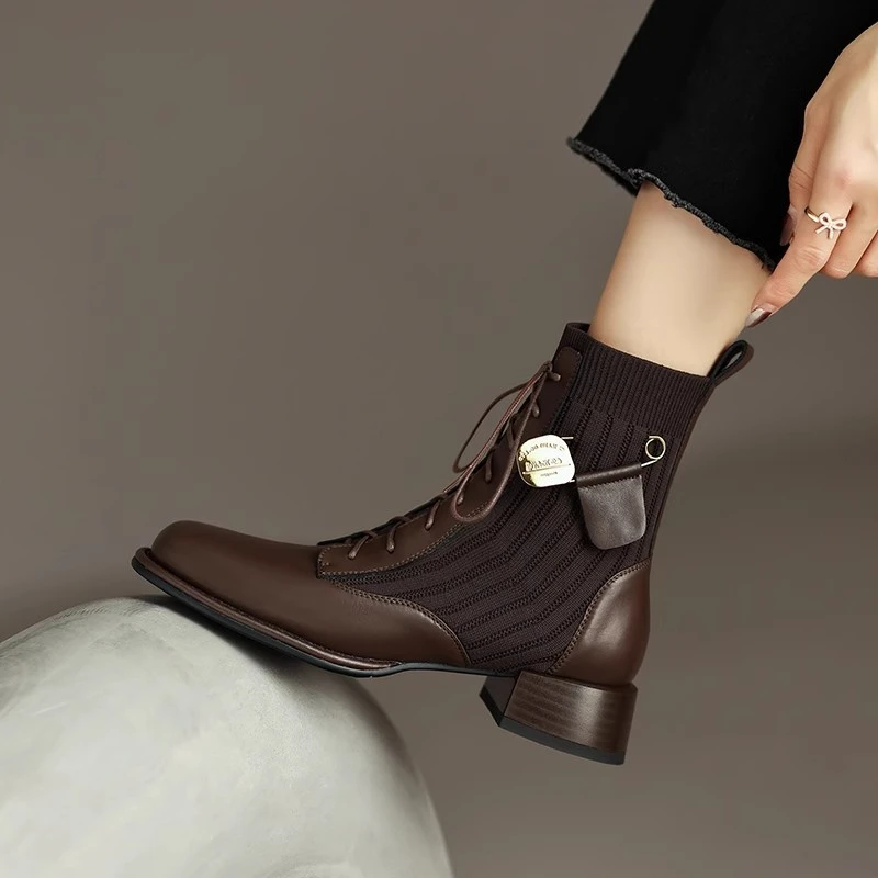 欧美时尚拼接弹力瘦瘦靴女2024秋冬新款英伦风粗跟马丁靴针织短靴