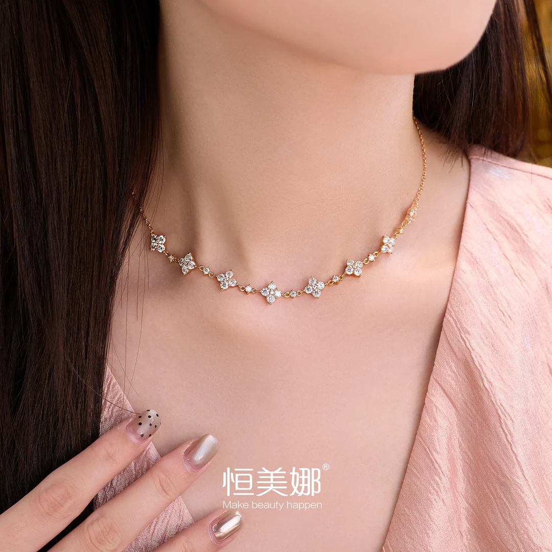 恒美娜 坠链均925银莫桑石 满镶花花项链 气质轻奢时尚百搭款