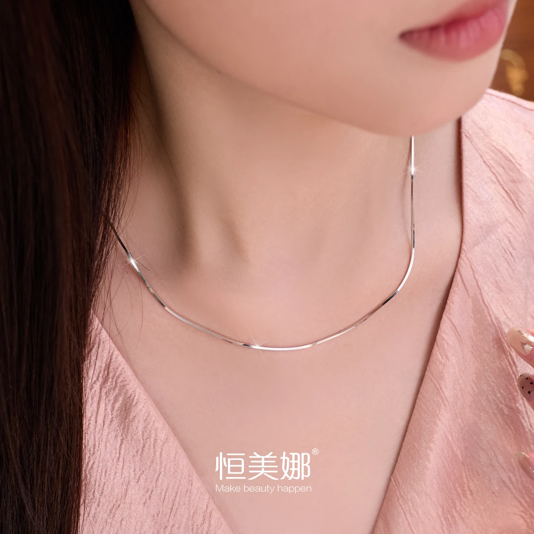 恒美娜 坠链均925银 蛇骨素链 叠戴锁骨链项链简约百搭冷淡风