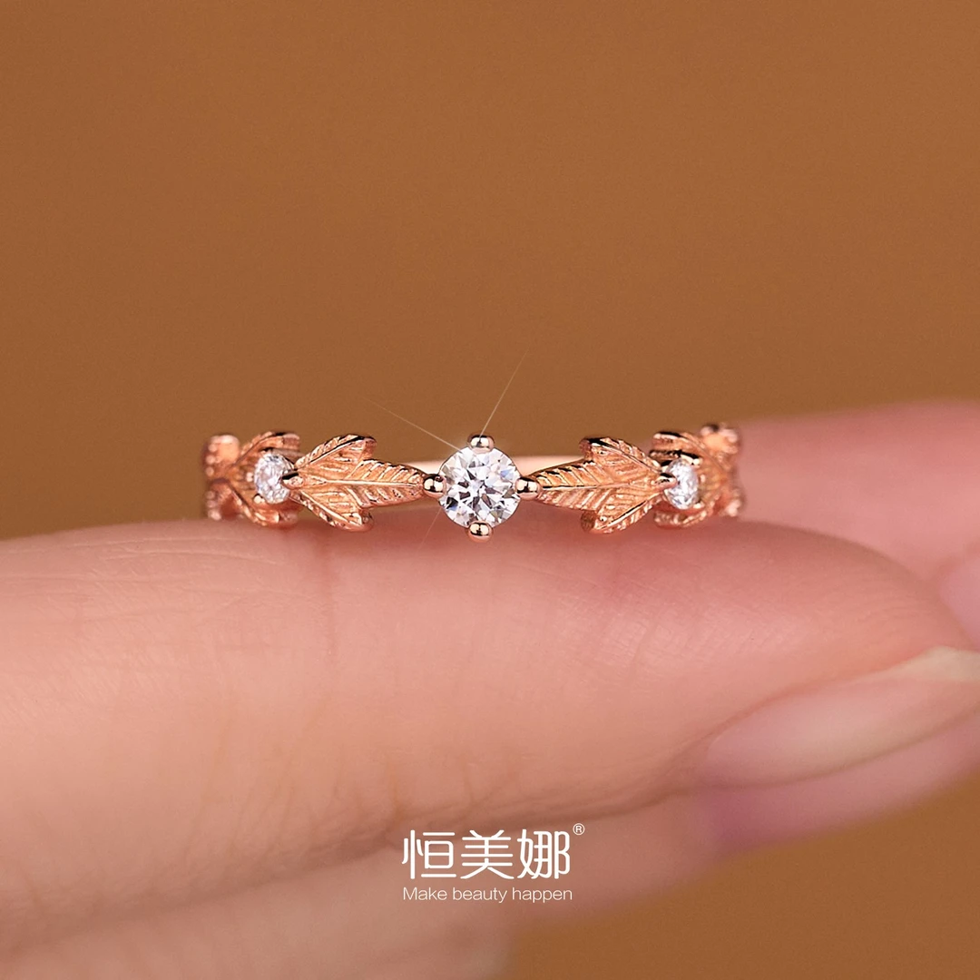 恒美娜 925银莫桑石戒指 一叶知秋精致时尚指环小众个性银戒女款