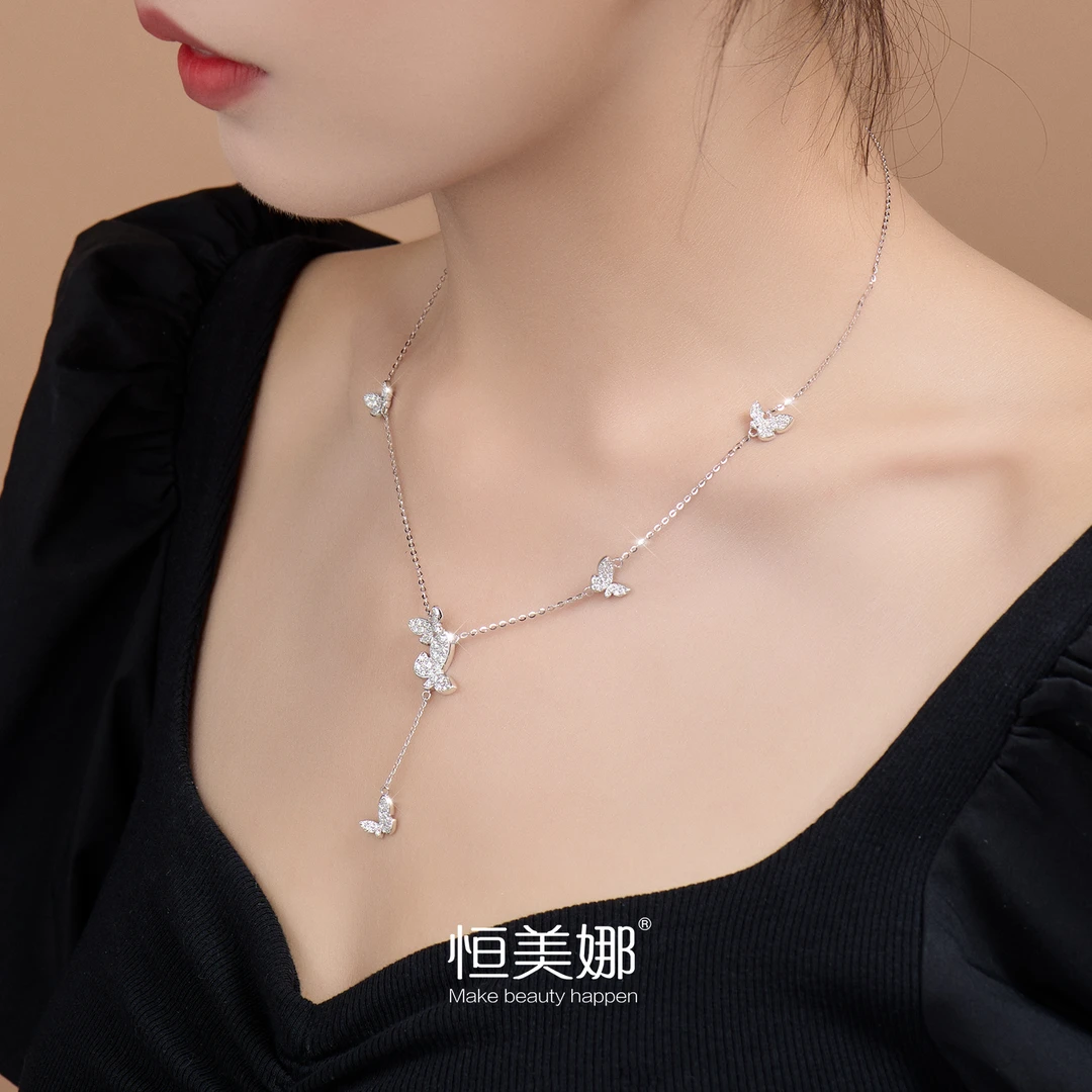 恒美娜 坠链均925银莫桑石 蝶语项链气质小众纯银吊坠百搭简约女
