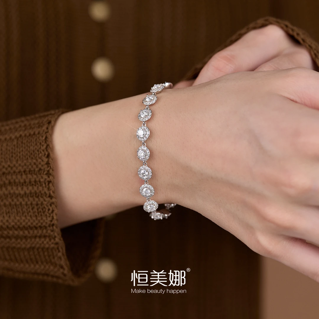 恒美娜 925银莫桑石手链 典雅圆包轻奢高级镶嵌珠宝感纯银手饰女