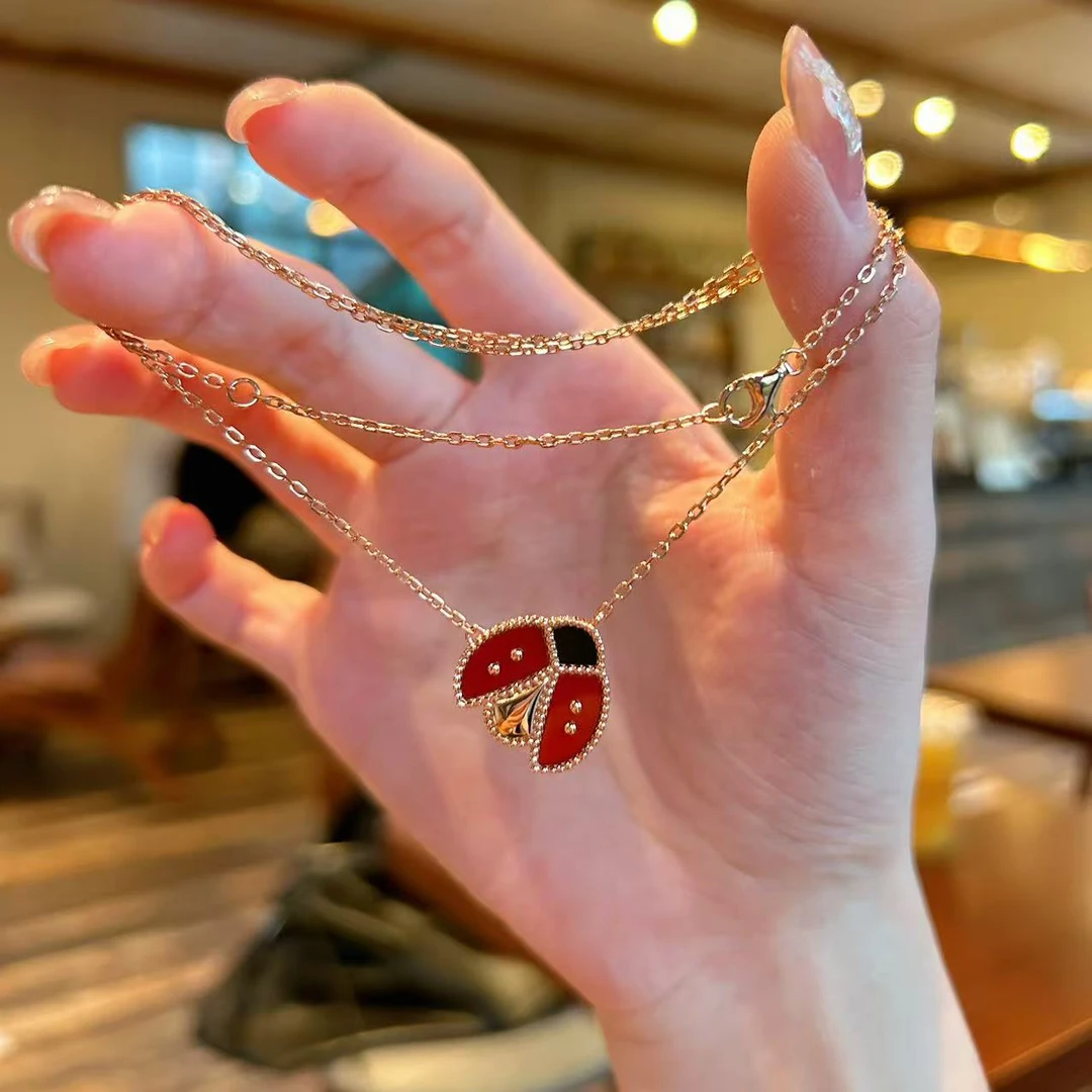 恒美娜 坠链均925银 瓢虫项链轻奢时尚百搭复古国风红色小众圣诞