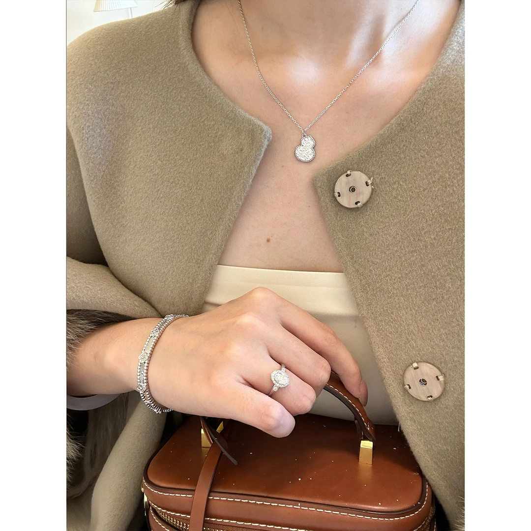 坠链均925银 锤纹葫芦项链气质轻奢双面小众金色镶嵌圣诞