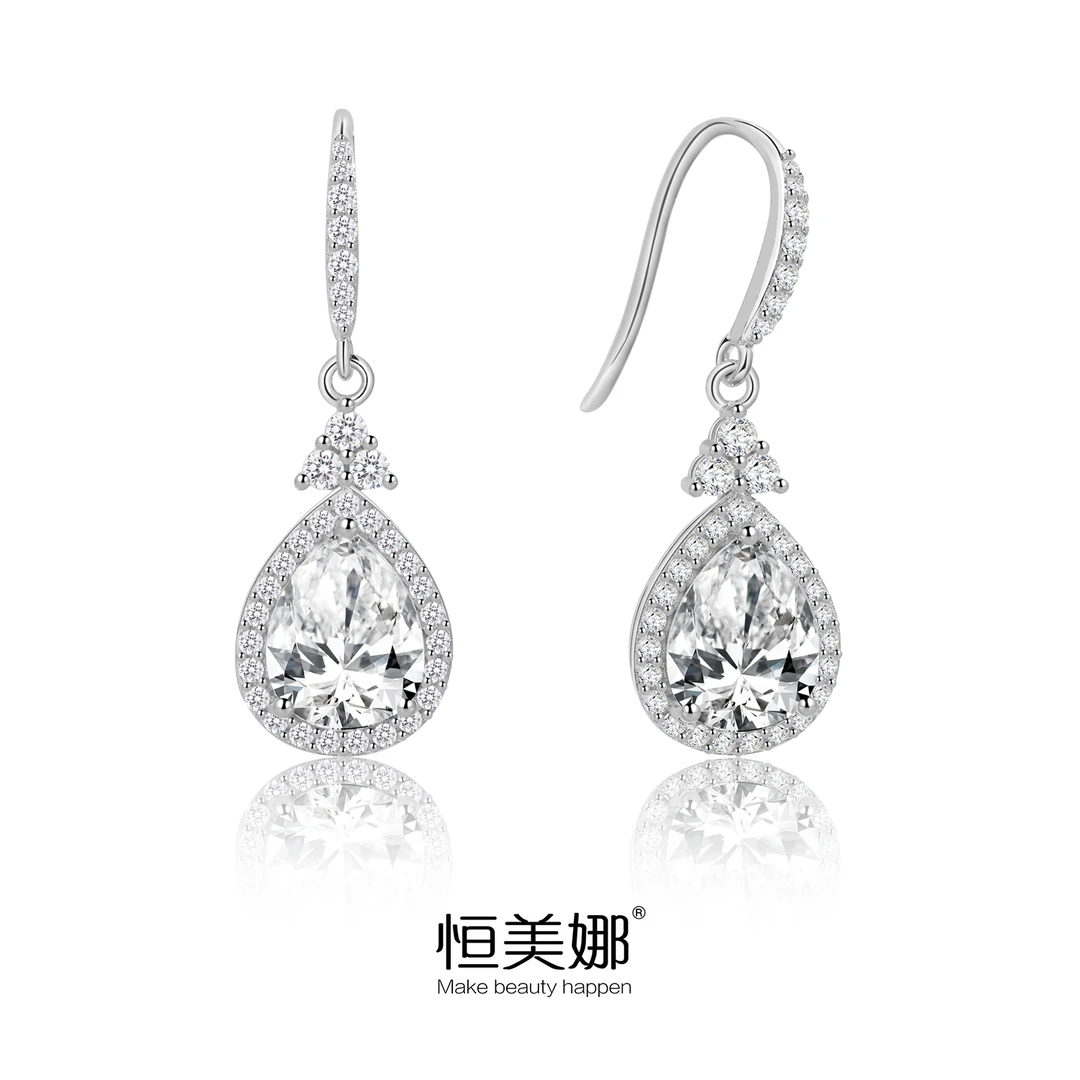 恒美娜 925银莫桑石耳饰 耳钩耳钉轻奢气质时尚ins浪漫美女的眼泪