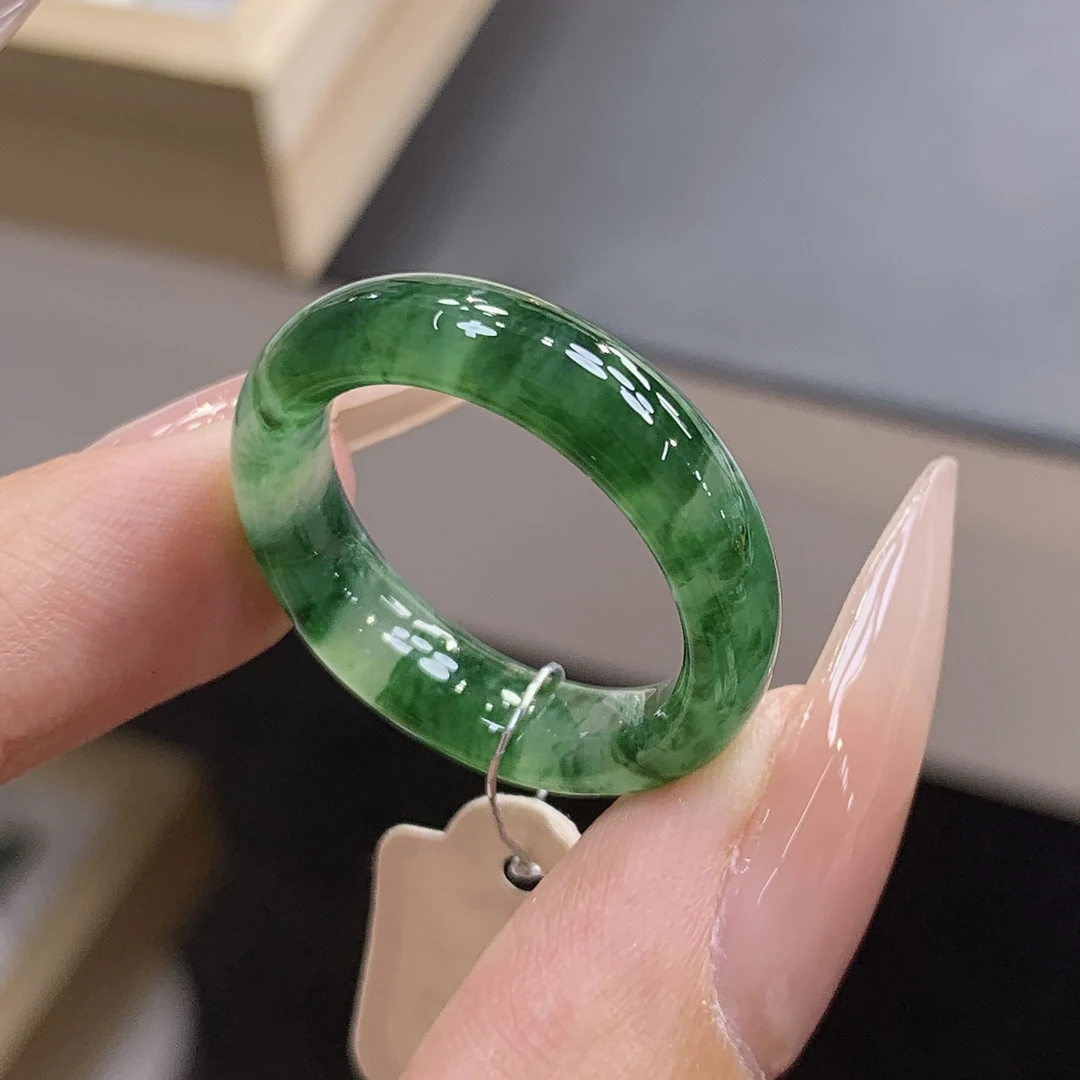 17-18圈口 缅甸天然翡翠 冰种满绿飘辣绿花戒圈尺寸18.4-5.6-3.9