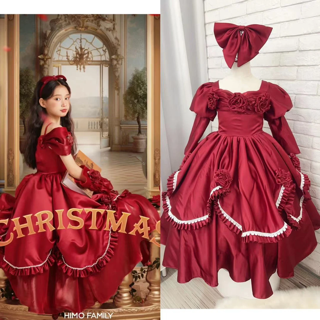 复古高贵风儿童晚礼服裙红色圣诞生日蓬蓬公主裙主持钢琴出逃公主