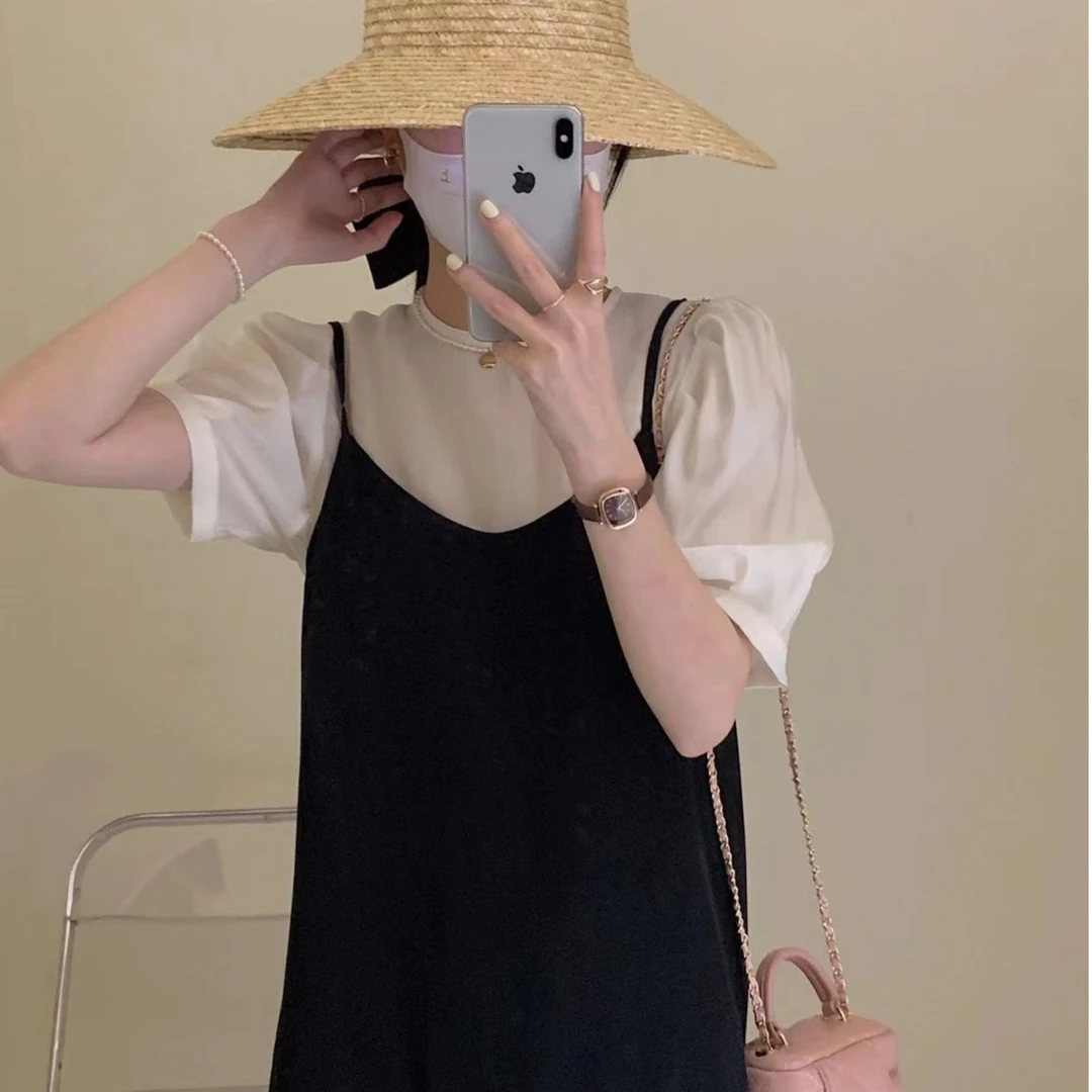 白色泡泡袖内搭衬衫女短袖夏季天丝雪纺上衣打底衫吊带裙薄纱短款
