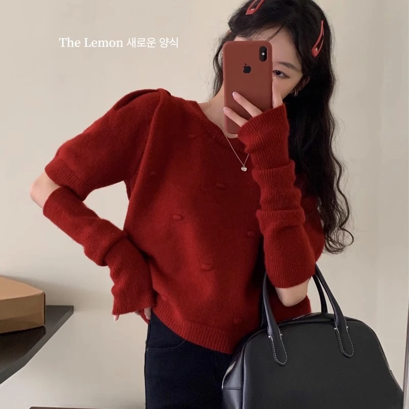 泡泡袖可拆卸短袖袖套红色毛衣女秋冬2023新款设计感小众针织毛衫