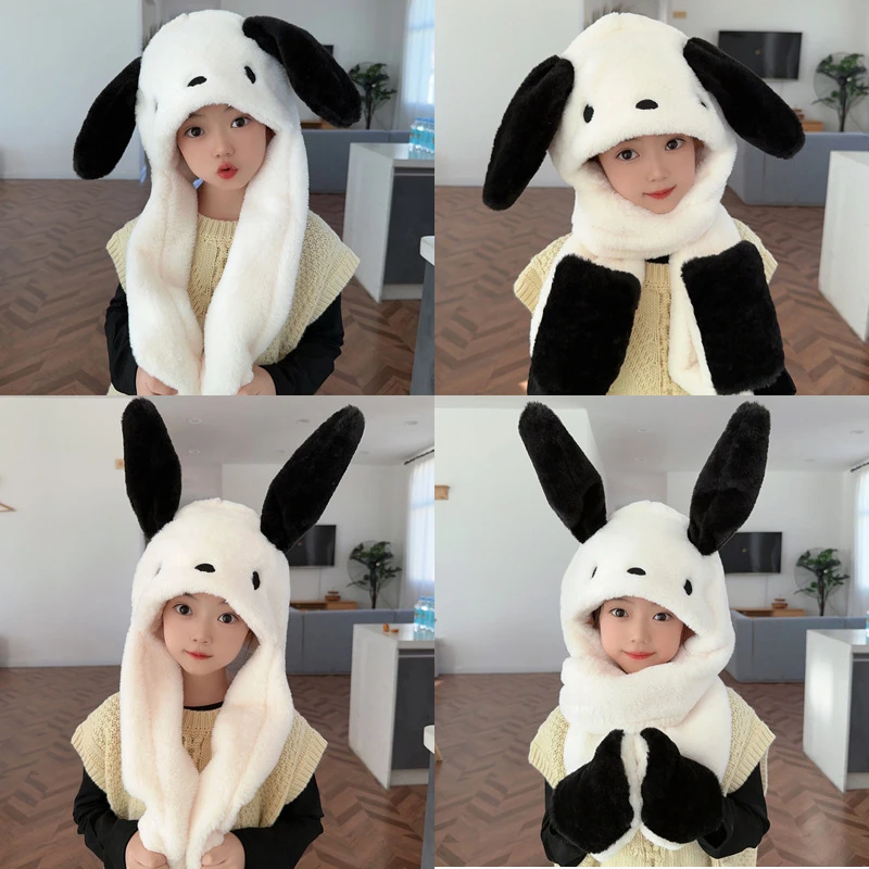 儿童冬季加厚可爱卡通三件套耳朵会动帽子围巾手套一体毛绒围脖连