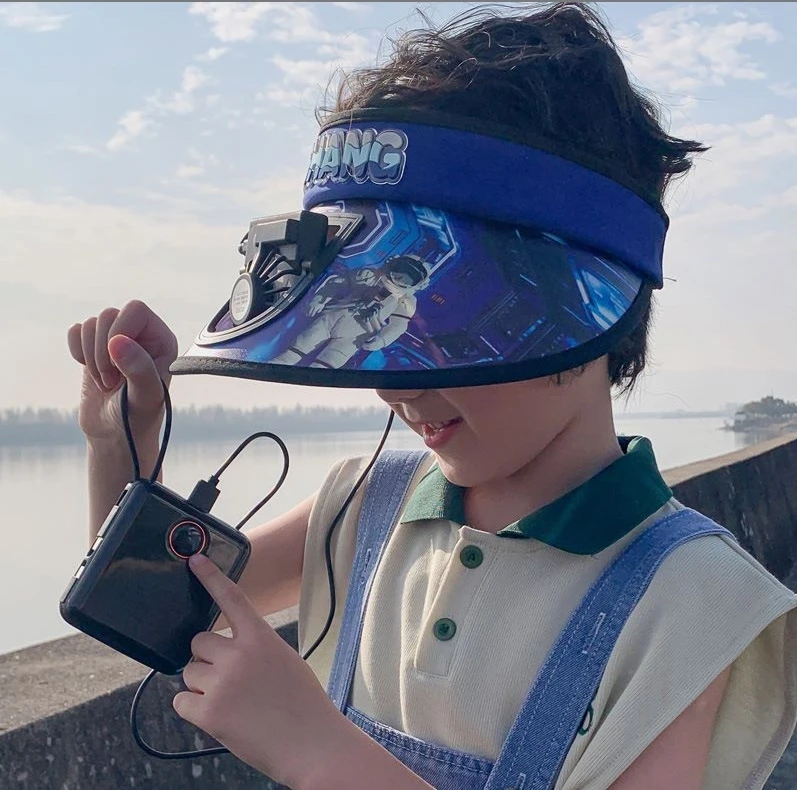 儿童遮阳帽女童夏季大檐防晒空顶帽带风扇卡通男孩户外出游太阳帽