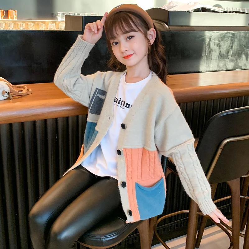 吧啦童装女童毛衣开衫外套2023新款秋冬洋气儿童装针织衫口袋上衣