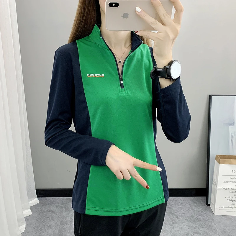 户外速干衣女春秋长袖薄款休闲运动快干透气拼色登山旅游上衣女潮