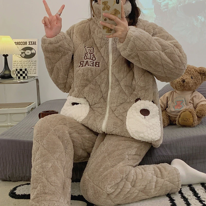 三层夹棉珊瑚绒大肚子孕妇睡衣可调节松紧带冬天加厚哺乳期月子服