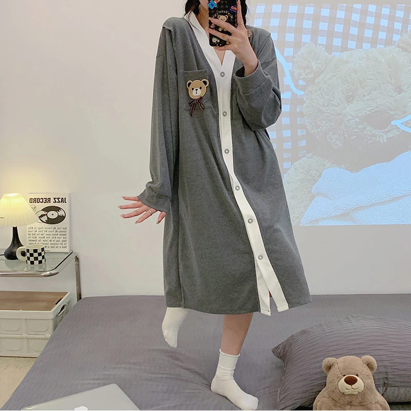孕妇生产服进产房春秋哺乳睡裙夏季长袖产妇喂奶裙住院开衫月子裙