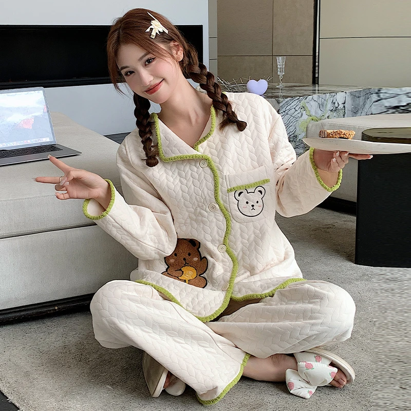 春秋冬季孕妇空气棉纯棉加肥加大码月子服产妇产后哺乳睡衣家居服