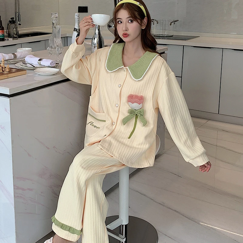 产妇冬天月子服秋冬款加厚空气棉夹层孕妇喂奶方便的哺乳睡衣开襟