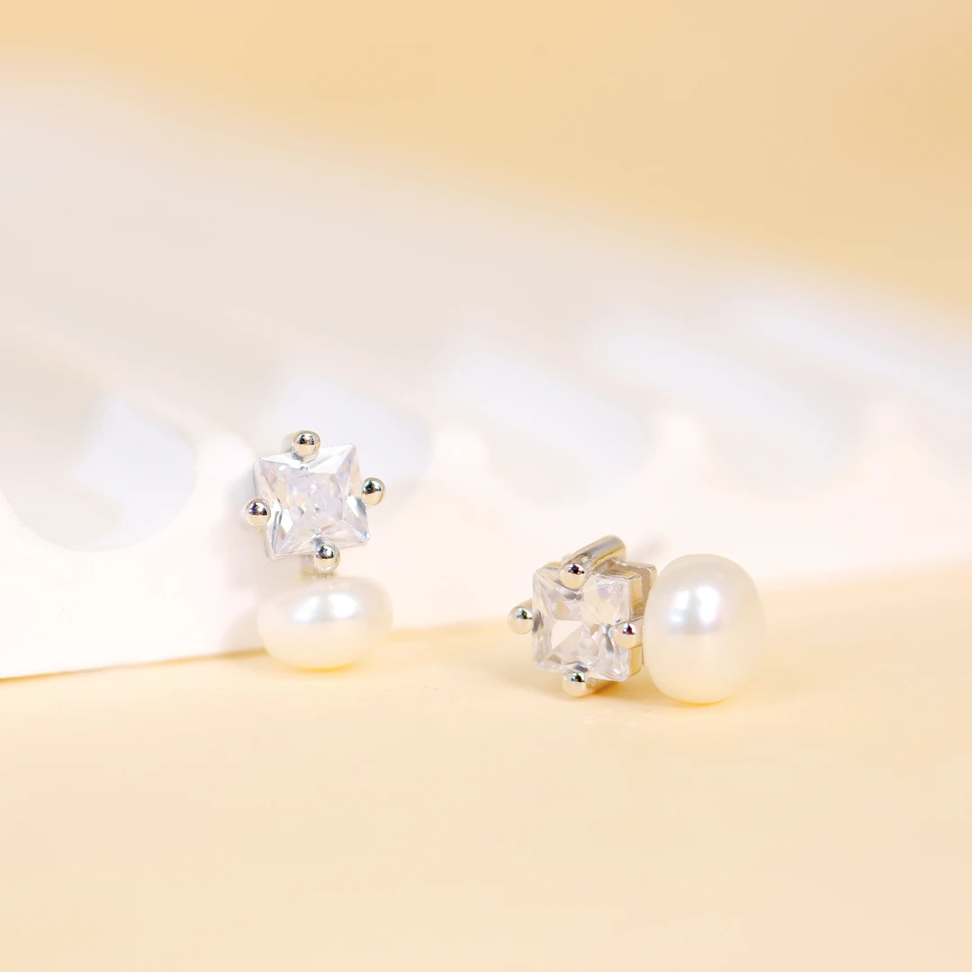 925银合成锆石耳饰 925银珍珠耳饰方糖锆石耳钉气质百搭精致耳饰