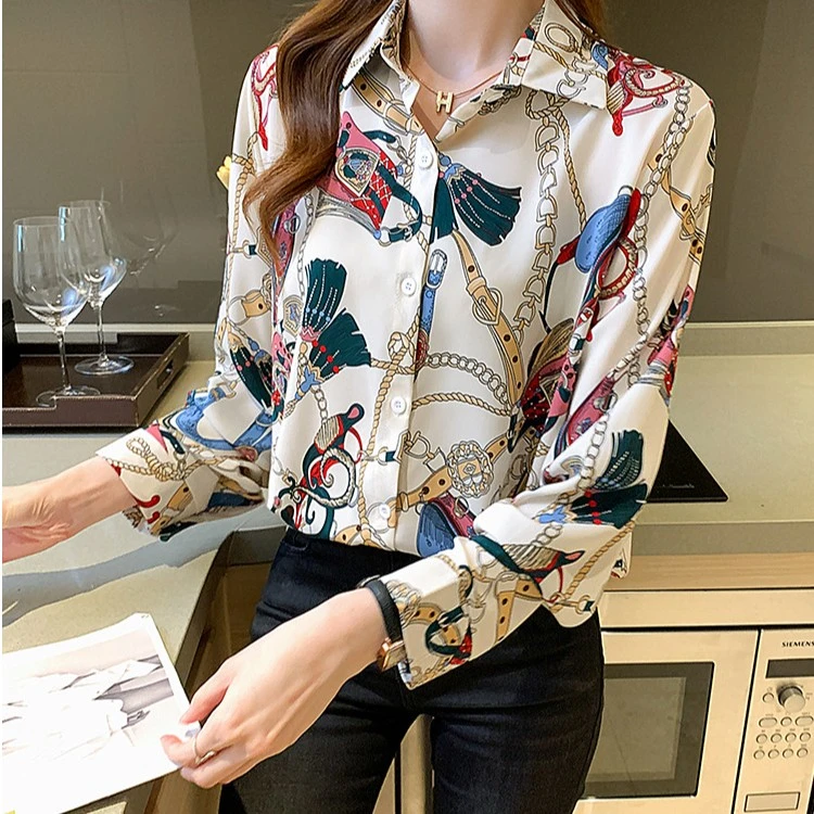 2023年秋季新款雪纺链条印花上衣时尚高级感宽松气质长袖百搭衬衣
