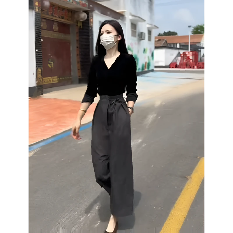 气质女神穿搭一整套时尚休闲黑色长袖上衣减龄高腰阔腿裤两件套装