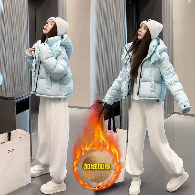 超好看冬季洋气时尚连帽宽松加厚韩版卫衣棉服百搭加绒套装女