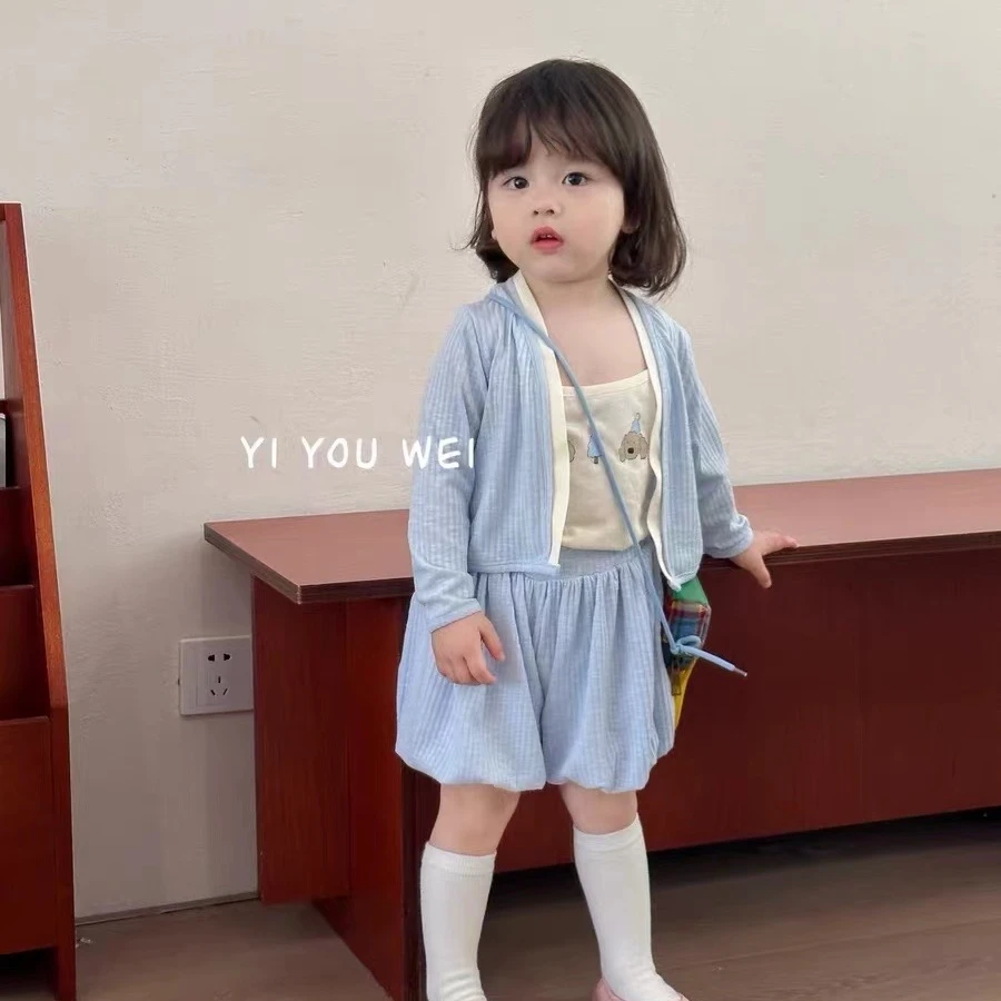 No退No换 吊带短裤坑条针织三件套可爱女宝空调服套装