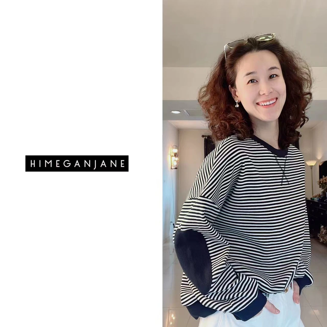 HIMEGANJANE 补丁条纹 日系百搭中性风宽松纯棉显瘦长袖卫衣23195