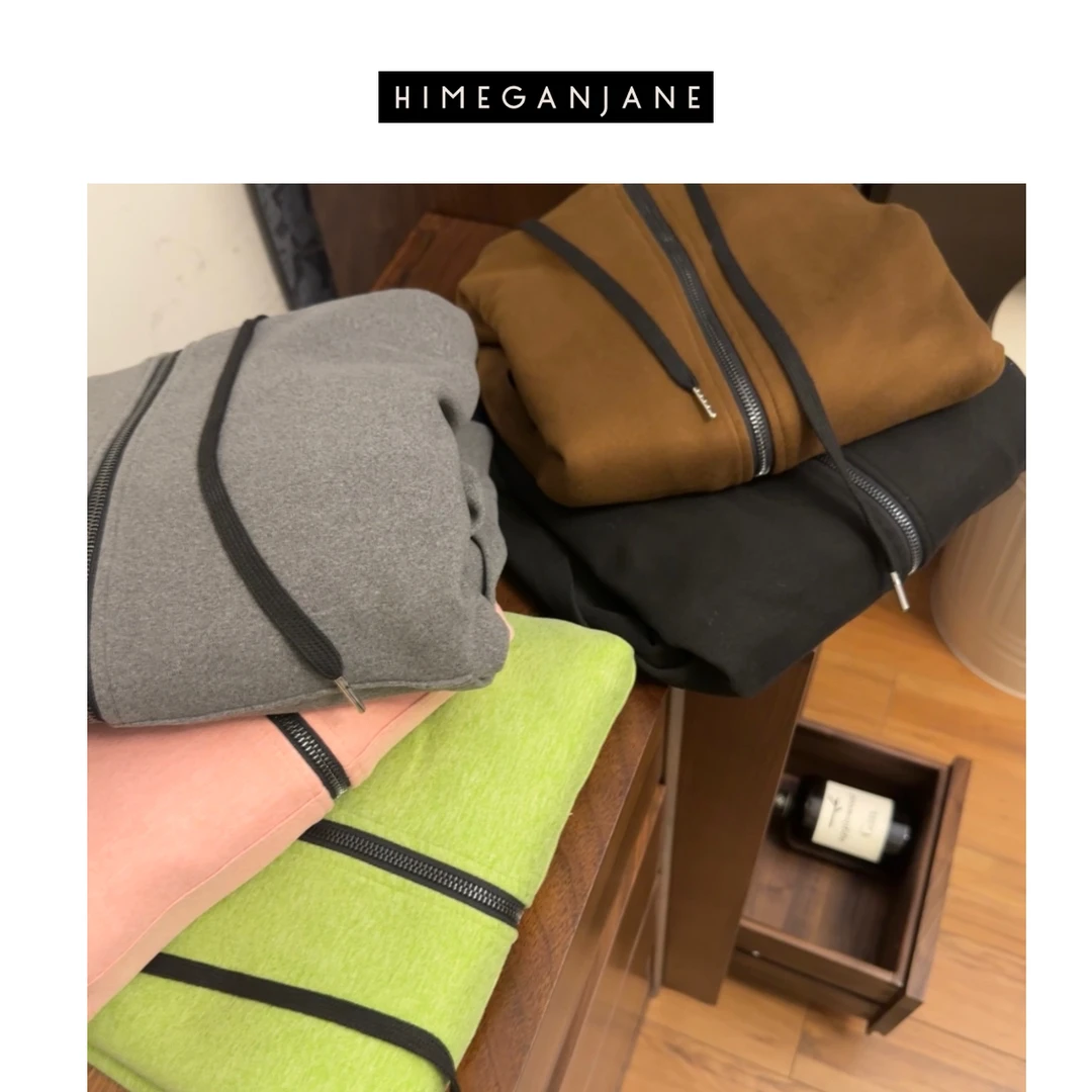 HIMEGANJANE 韩版时尚手套设计户外宽松百搭拉链连帽卫衣女2302