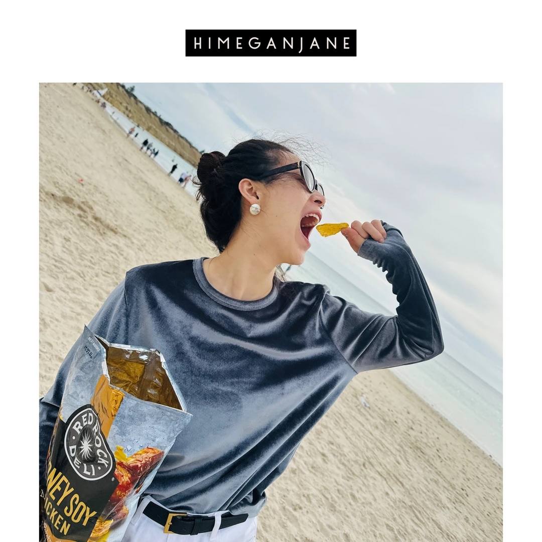 HIMEGANJANE 定制色高级丝绒宽松慵懒风百搭长袖T恤衫 23307