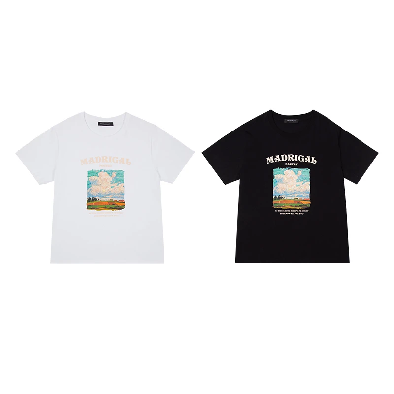 油画印花美式复古双纱纯棉时尚休闲百搭短袖T恤2366