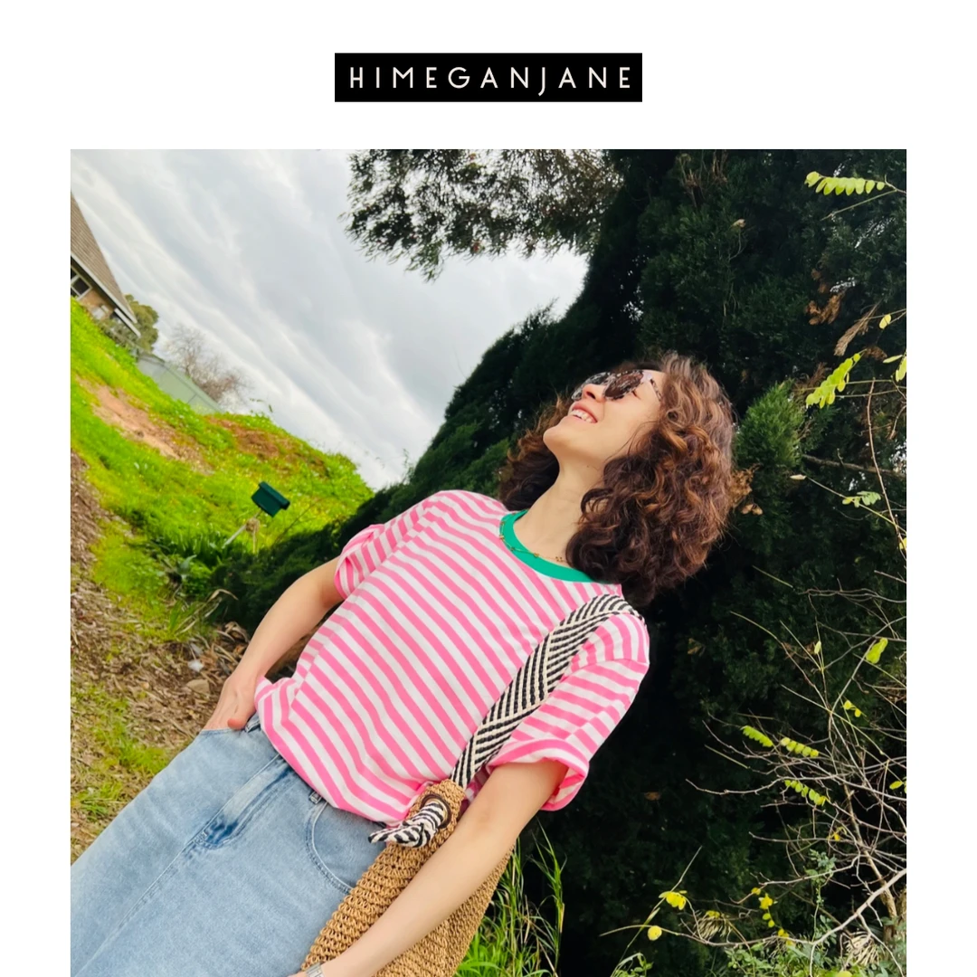 HIMEGANJANE"条纹撞色领"百搭宽松圆领韩版条纹t恤夏季显瘦23422