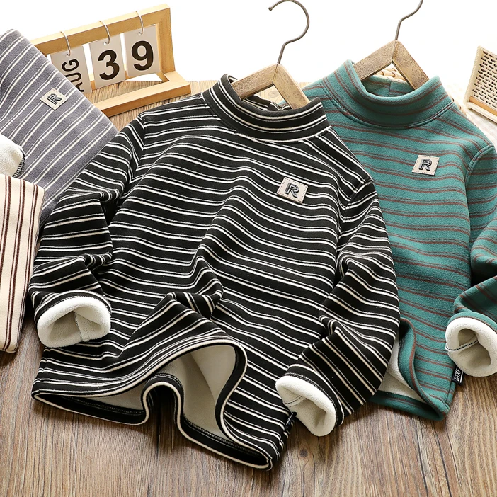 男童打底衫冬季加绒冬季新款中大童字母条纹半高领儿童装保暖内搭