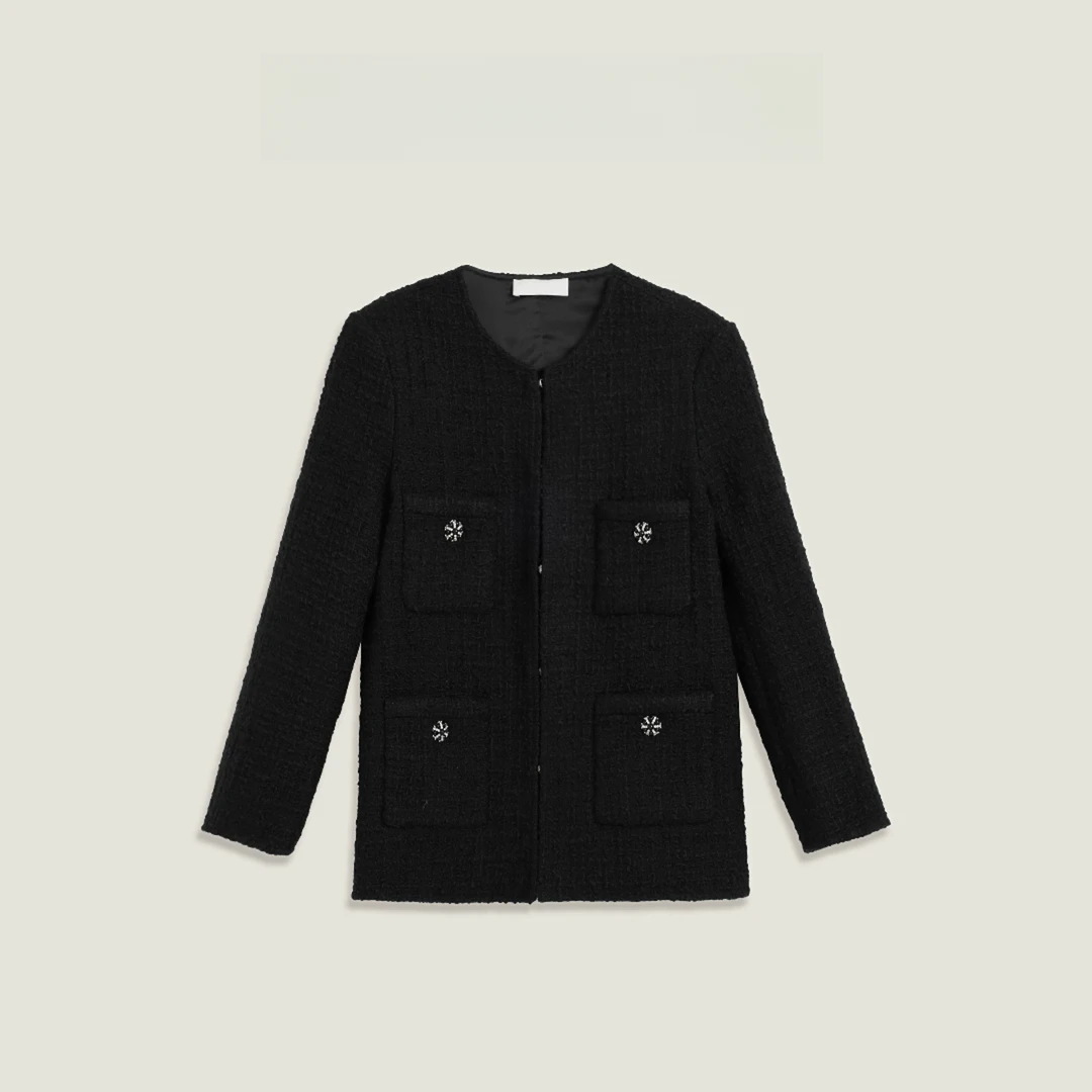 秋冬新款高级感名媛风黑色圆领短款显瘦外套女装OK0910