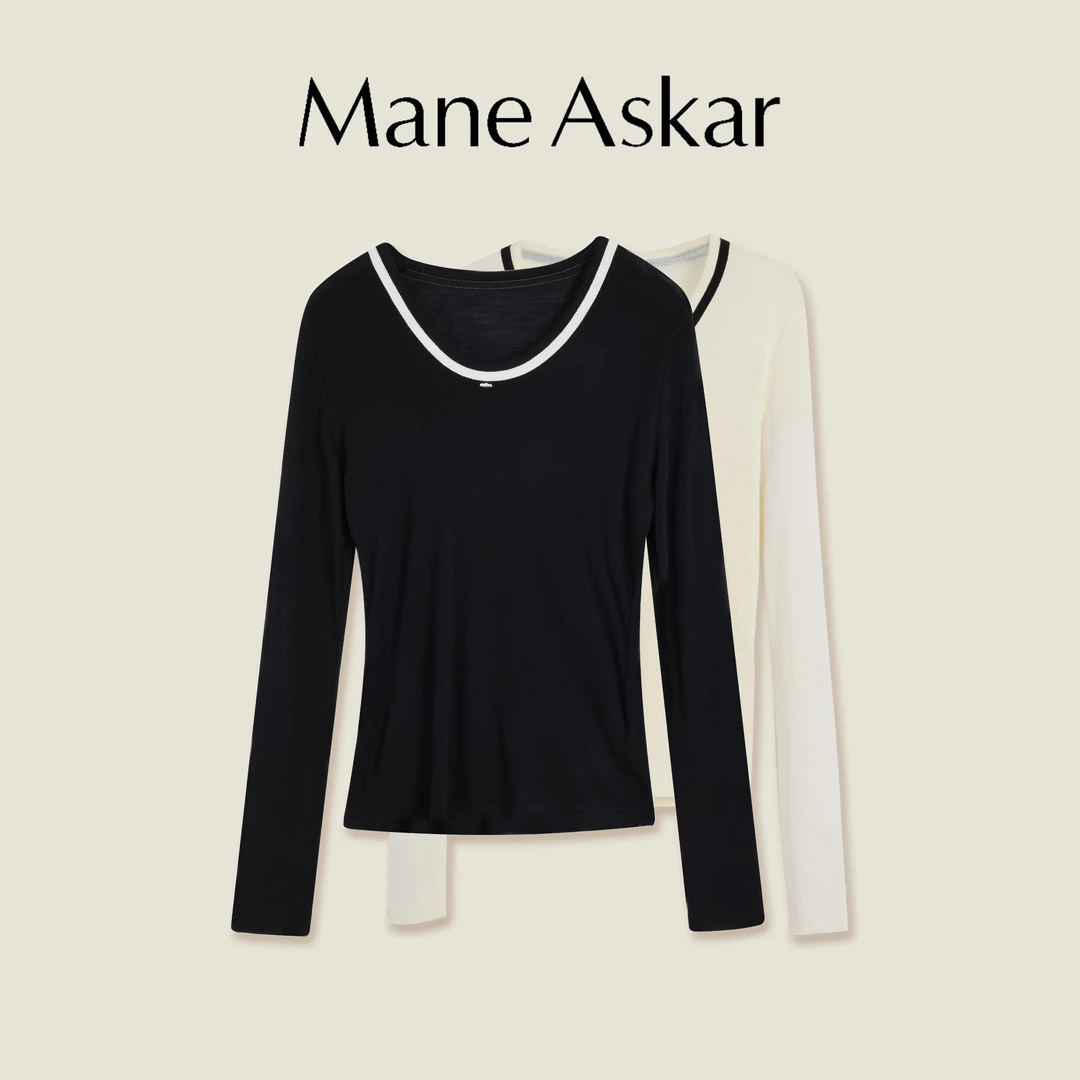 秋冬新款高级显瘦U领撞色打底衫女装长袖上衣OK0559