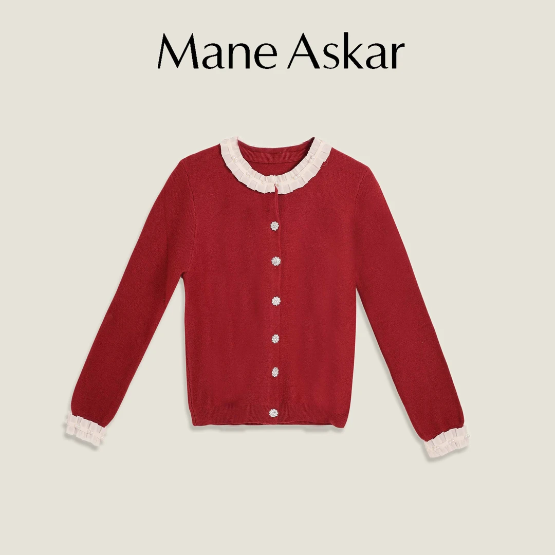 秋冬新款甜美木耳边撞色圆领开衫女装上衣OK0924