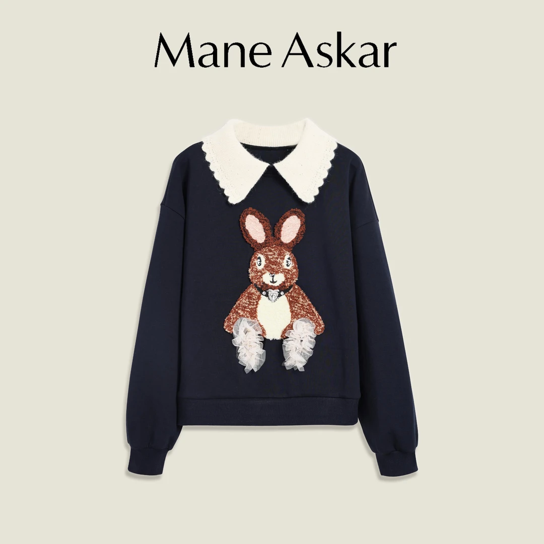 ManeAskar春季新款文艺风娃娃领兔子宽松卫衣女装上衣OK7155