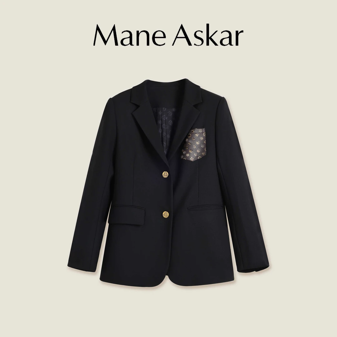 春秋新款高级气质口袋设计宽松黑色西装外套女装OK0568