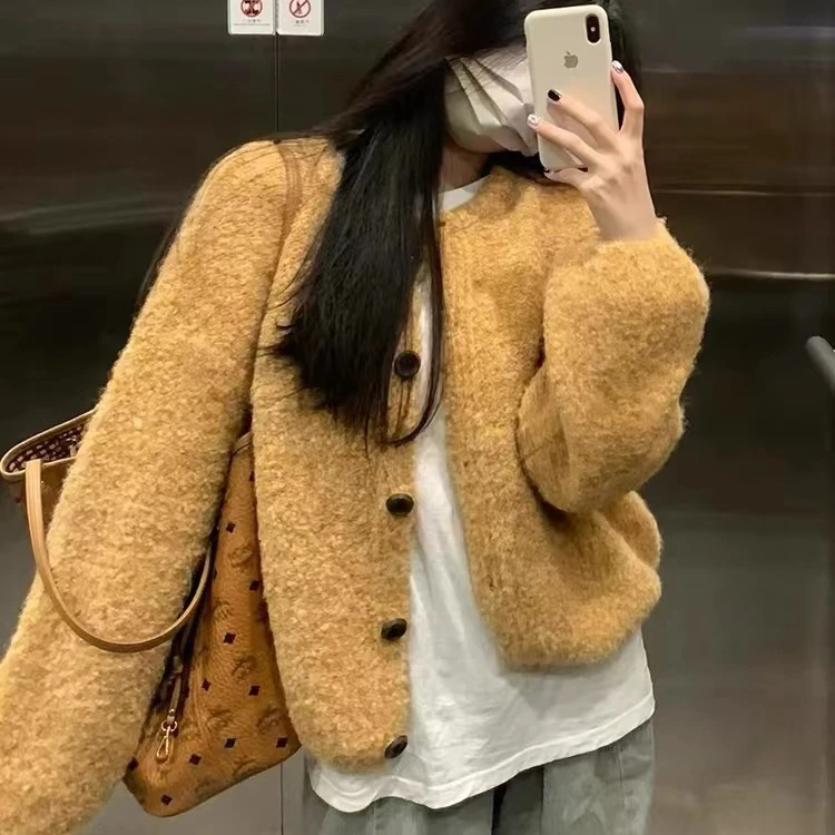 软糯慵懒风黄色针织开衫毛衣女秋装2024新款小个子短款宽松外套